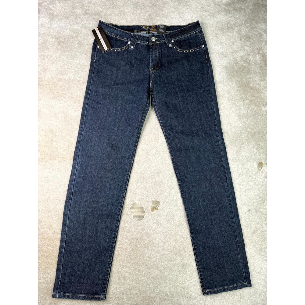 JZ Premium Denim Straight Jeans Women 16 Blue Cotton Rhinestone Studded Mid Rise